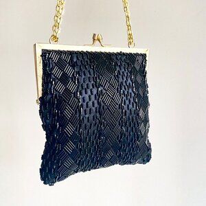 Vintage Fully Beaded Black  Handmade in Hong Kong Small Evening Purse